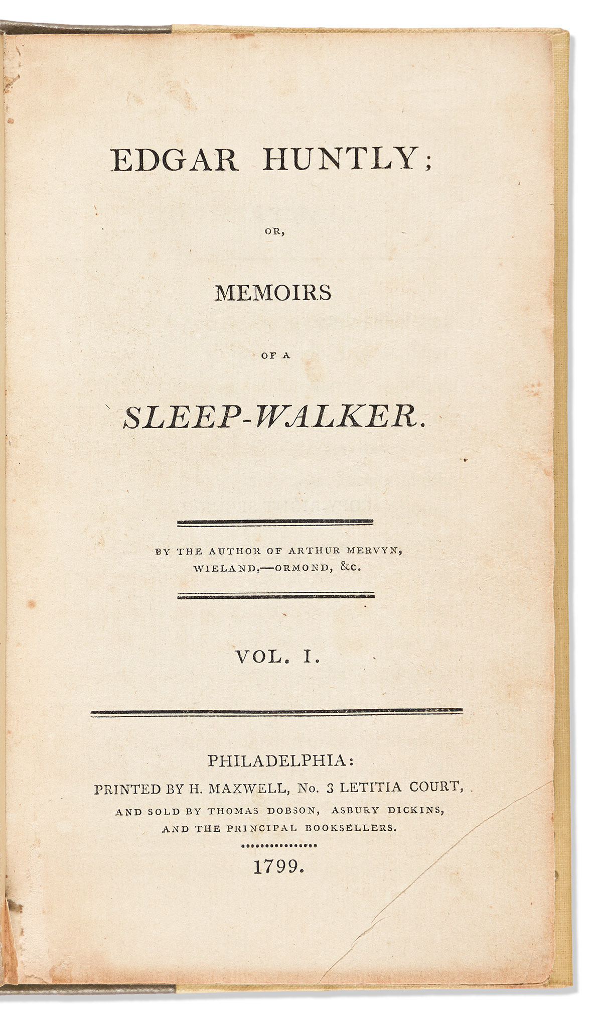 Brown, Charles Brockden (1771-1810) Edgar Huntly; or Memoirs of a Sleep-Walker.